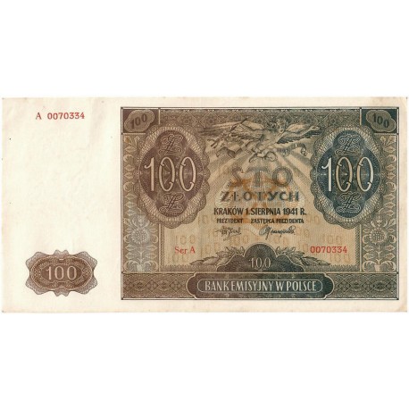 Banknot 100 złotych 1941 stan 2-, Ser. A, bardzo niski numer