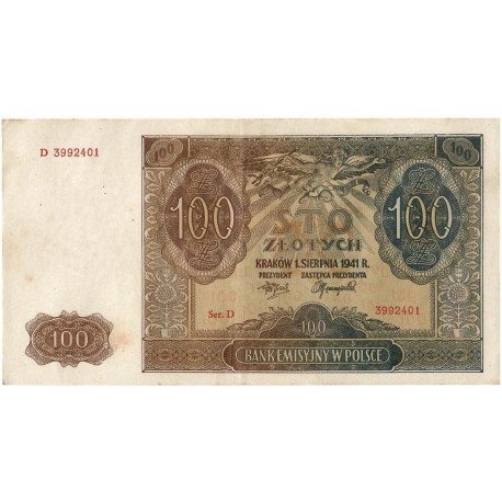 Banknot 100 złotych 1941 stan 2, Ser. D