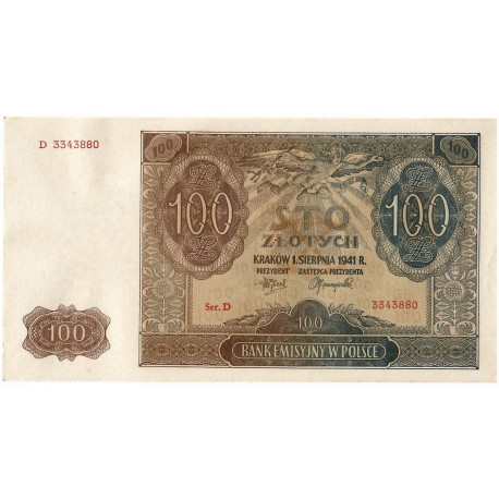 Banknot 100 złotych 1941 stan 3, Ser. D