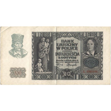 Banknot 20 złotych, 1940, seria L, stan 3