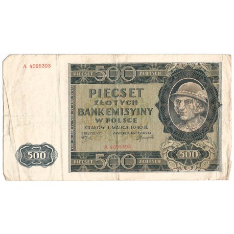 Banknot 500 złotych 1940 stan 3-, Ser. A, Góral