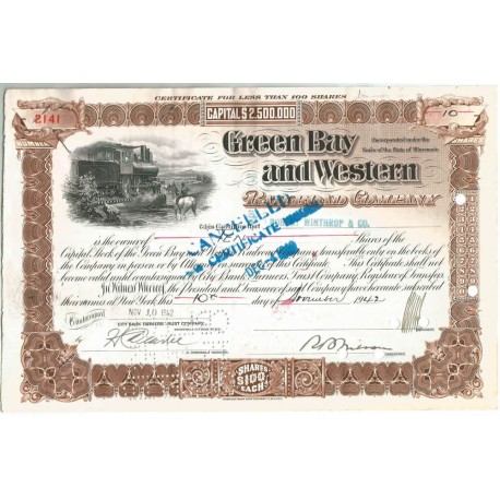 Certyfikat akcji Green Bay i Western RR z 1935