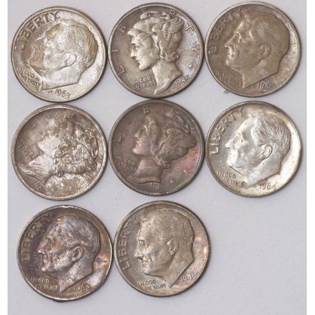 8 x one dime (10 centów), srebro Ag900, różne roczniki 1917-1963
