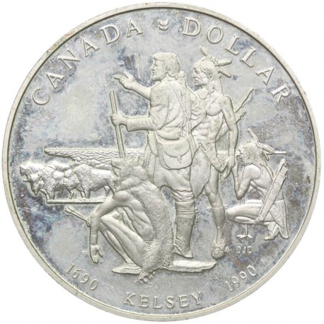 Kanada, 1 dolar 1990, Henry Kelsey - eksploracja prerii, srebro, certyfikat