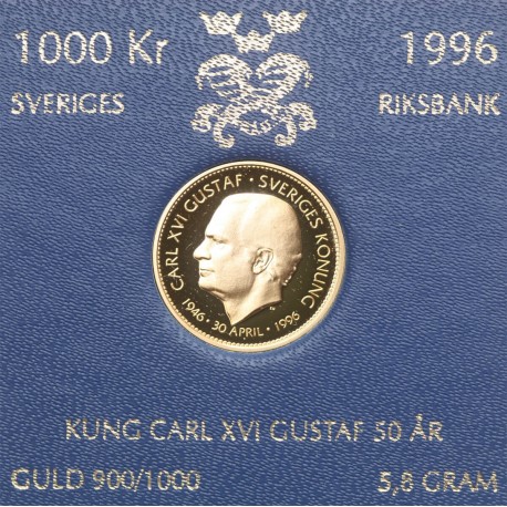 Szwecja 1000 koron, 1996, złoto Au900, 5.8g, Karol XVI Gustaw