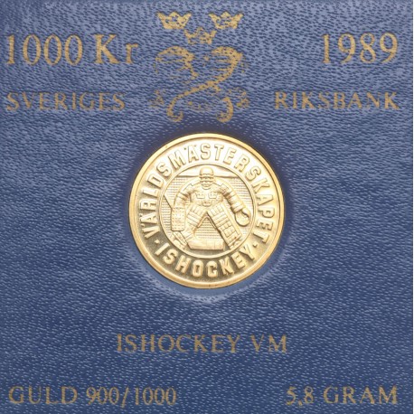 Szwecja 1000 koron, 1989, złoto Au900, 5.8g, Hokej na lodzie