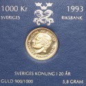 Szwecja 1000 koron, 1993, złoto Au900, 5.8g, Karol XVI Gustaw