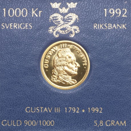 Szwecja 1000 koron, 1992, złoto Au900, 5.8g, król Gustaw III