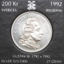 Szwecja 200 koron, 1992, Gustaw III, Srebro Ag925