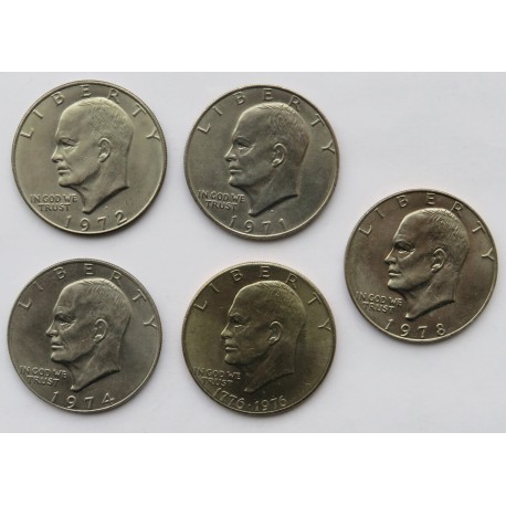 Lot: USA 5 x 1 dolar Eisenhowera, 5 różnych roczników