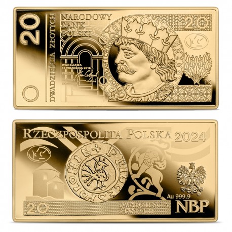 Polskie banknoty obiegowe 20 zł - złoto Au 999, 31,1g