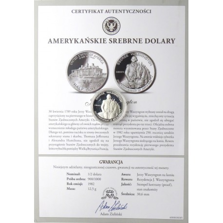1/2 dolara, 1982, 250. rocznica urodzin Jerzego Waszyngtona, certyfikat, stan znakomity