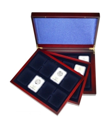 Mahoniowa kaseta do 60 monet w holderach lub kapslach quadrum