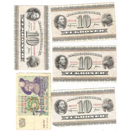 4 x 10 kroner 1936 Dania + 1 x 5 Kronor Szwecja 1968