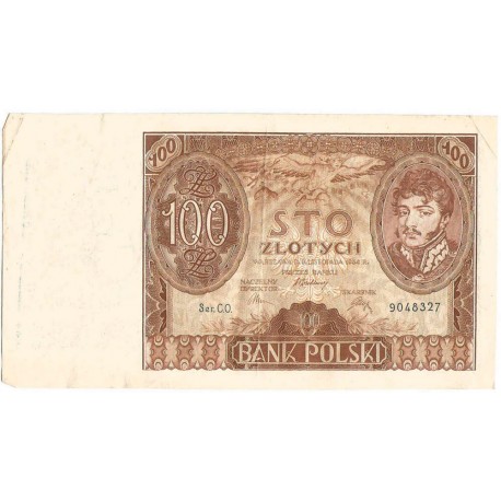 Banknot 100 zł 1934 rok, seria C.O. stan 3-
