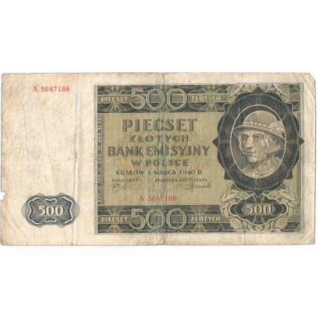 Banknot 500 złotych 1940 stan 4, Ser. A, Góral