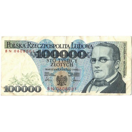 100000 zł Stanisław Moniuszko 1990, seria BN stan 3
