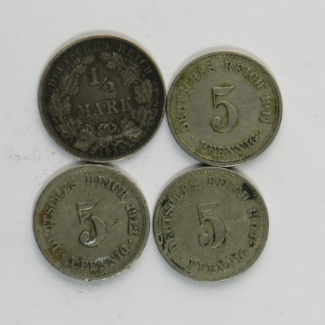 Lot: Niemcy, 1/2 marki + 3 x 5 Pfennig, 1904-1915
