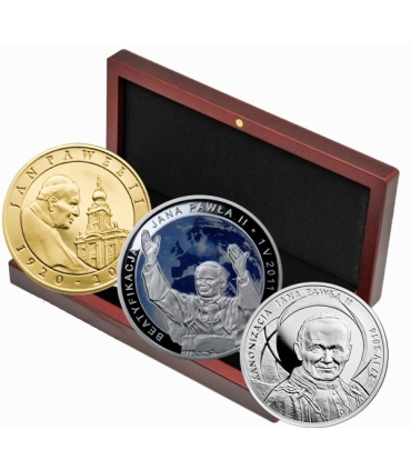 3 x srebro w etui z grawerem Pontyfikat, Beatyfikacja, Kanonizacja