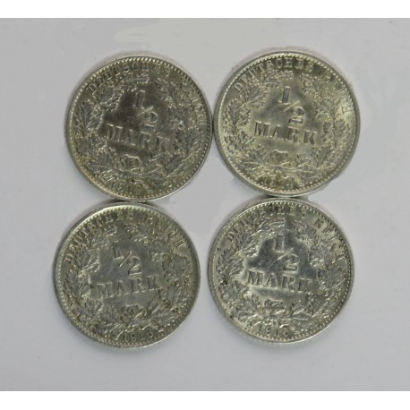 Niemcy, 4 x 1/2 marki, różne roczniki: 1912 (J), 1914 (A), 1915 (G), 1916 (A), ładne