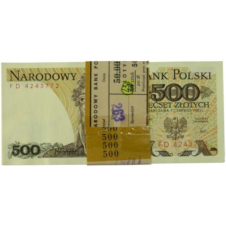 Paczka bankowa niepełna z banderolą 500 zł, Tadeusz Kościuszko, 1982, 40 szt. 1982 FD