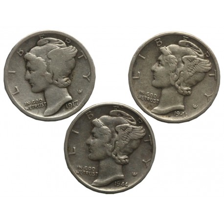 3 x one dime (10 centów), srebro Ag900, różne roczniki