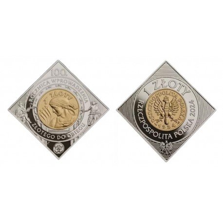 1 złoty, 100. rocznica wprowadzenia złotego do obiegu, 2024, Srebro Ag999