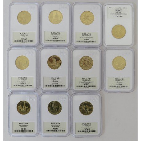 Zestaw 11 monet 2 zł GN rocznik 2010 + 1 x rocznik 2009, grading GCN MS65-MS66, mennicze