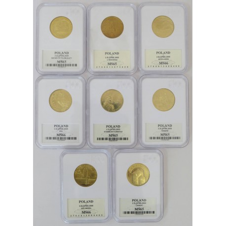 Zestaw 8 monet 2 zł GN rocznik 2005, grading GCN MS65-MS66, mennicze