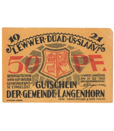 50 Pf banknot zastępczy Langenhorn 1922