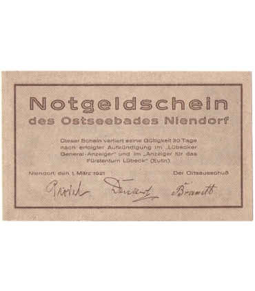 50 Pf banknot zastępczy Notgeldschein des Ostseebades Niendorf 1921