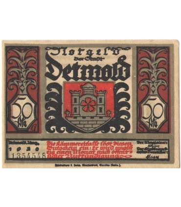 50 Pf banknot zastępczy miasto Detmold 1921