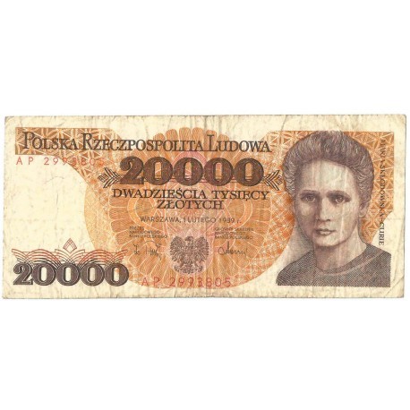 20000 zł, Maria Skłodowska-Curie, 1989, seria AP, stan 4
