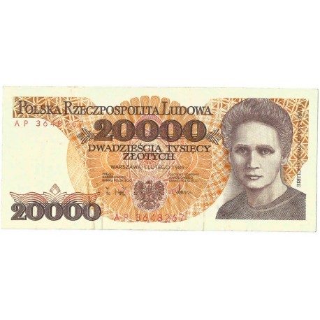 20000 zł, Maria Skłodowska-Curie, 1989, seria AP, stan 3