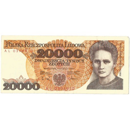 20000 zł, Maria Skłodowska-Curie, 1989, seria AL, stan 3