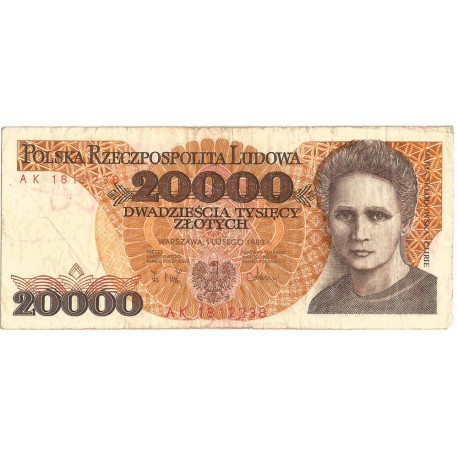 20000 zł, Maria Skłodowska-Curie, 1989, seria AK, stan 3-