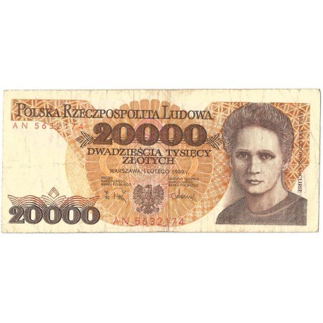 20000 zł, Maria Skłodowska-Curie, 1989, seria AP, stan 3-