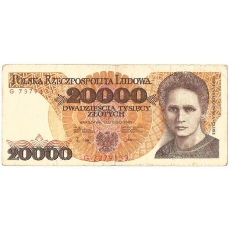 20000 zł, Maria Skłodowska-Curie, 1989, seria G, stan 3