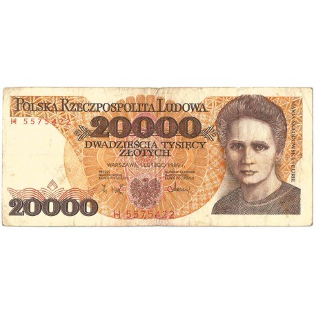 20000 zł, Maria Skłodowska-Curie, 1989, seria H, stan 3-