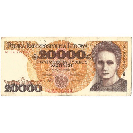 20000 zł, Maria Skłodowska-Curie, 1989, seria N, stan 3-
