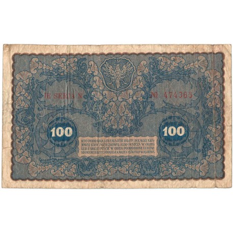 100 marek polskich (PKKP), rok 1919, stan 3-, JE seria N