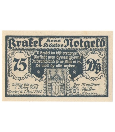 75 Pf banknot zastępczy Brakel 1922