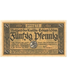 50 Pf banknot zastępczy Kreises Erbach im Odenwald 1918