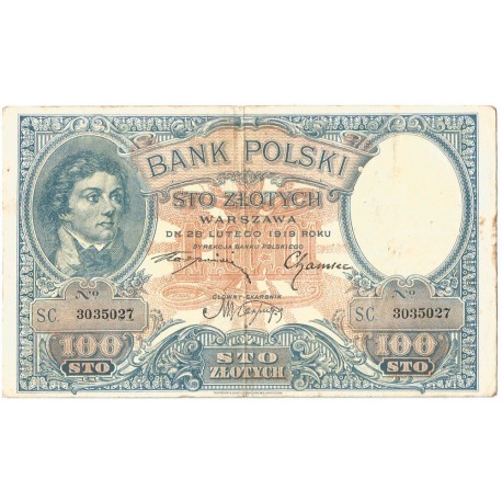 Banknot 100 zł, rok 1919 rok, seria SC stan 3/3-