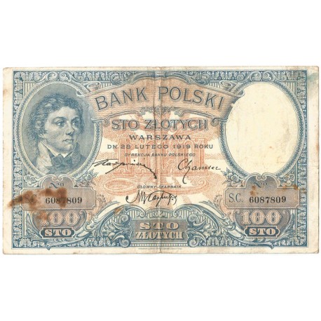 Banknot 100 zł, rok 1919 rok, seria SA stan 3/3-