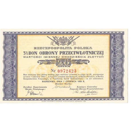 Bon obrony przeciwlotniczej na 20 złotych 1.06.1939, stan 1
