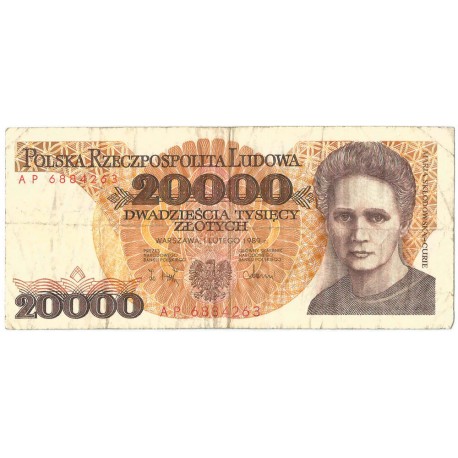 20000 zł, Maria Skłodowska-Curie, 1989, seria AP, stan 3-