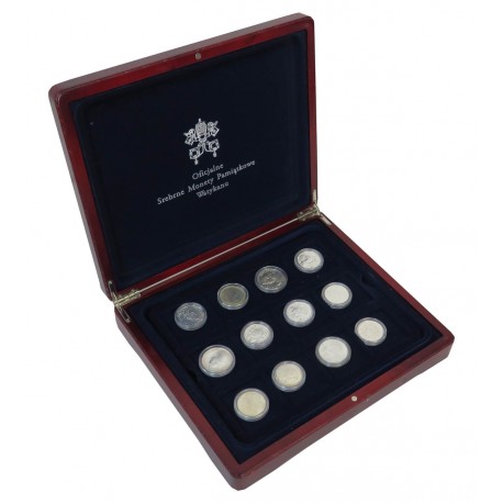12 x oficjalne srebrne monety pamiątkowe Watykanu + kaseta + certyfikaty
