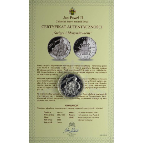Polska, medal Jan Paweł II, Święci i błogosławieni, srebro, certyfikat