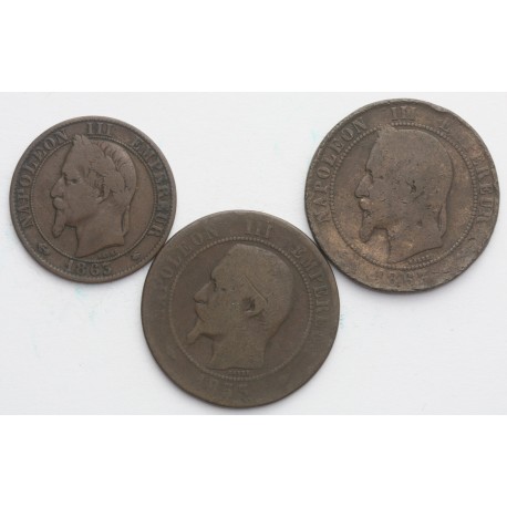 Lot 3 szt. Francja, 5 centymów  + 2 x 10 centymów 1857/63, st. 4